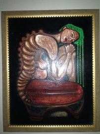 Polychromatic figurative and
surrealistic oil-on-board work
depicting a woman with
exposed, bug-like body and a
human head with long green
hair on a dark background.
The piece is framed. The piece
is by Paul Beshé.
The piece is 31.5 inches high
and 25.25 inches wide. The
composition is roughly 27.25
inches high and 21.25 inches
wide.
