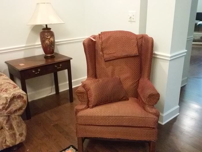 Silk upholstery wing chair, side table