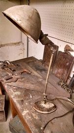 VINTAGE INDUSTRIAL WORK LIGHT W/ CAST IRON BASE..ASBESTOS  SAD IRON