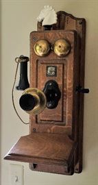 ANTIQUE OAK WALL PHONE CONVERTED PUSH BUTTON