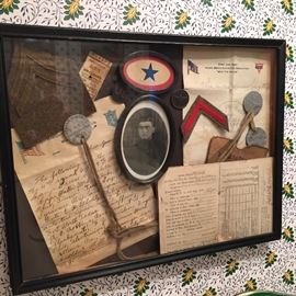 WW I VETERAN MEMORIAL COLLAGE DOG TAGS, RATION BOOK & PAPERS      