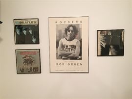 MEET THE BEATLES, BEATLES 66 ALBUMS FRAMED, POSTER JOHN LENNON ROCKERS BY BOB GRUEN & ROLLING STONES LP STICKY FINGERS ANDY WARHOL COVER FRAMED