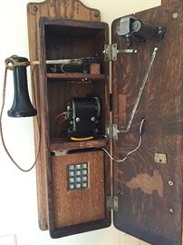 ANTIQUE OAK WALL PHONE CONVERTED PUSH BUTTON