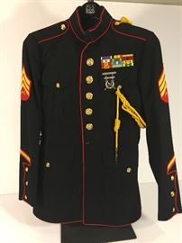 VIETNAM U. S. MARINE GUNNY SERGEANT DRESS BLUES JACKET & PANTS WITH PURPLE HEART, EXPERT RIFLE, PRESIDENTIAL UNIT CITATION