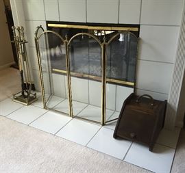 VINTAGE BRASS FIREPLACE TOOLS, 4 SECTION BRASS & GLASS FIREPLACE SCREEN & ENGLISH COAL BOX