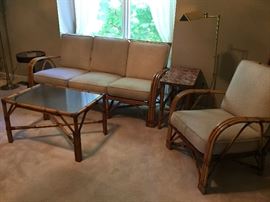 RATTAN COUCH, CHAIR, COFFEE TABLE & END TABLE