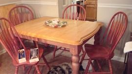 Country Bow Back Oak Dining Chairs, Oak Butcher Block Style Table with One Leaf