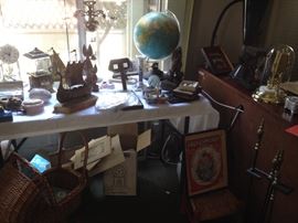 Jere style brass art, antique view finder, antique globe, clocks, 