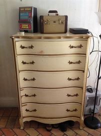 Hollywood Regency High Boy Dresser, 1940s, antique suitcases, slot machines