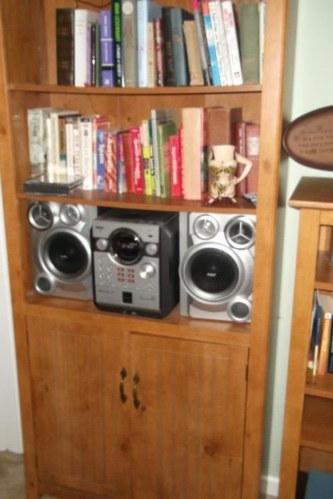 Pine bookshelf and like-new stereo system