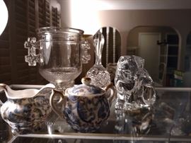 antique spooner, glass bell