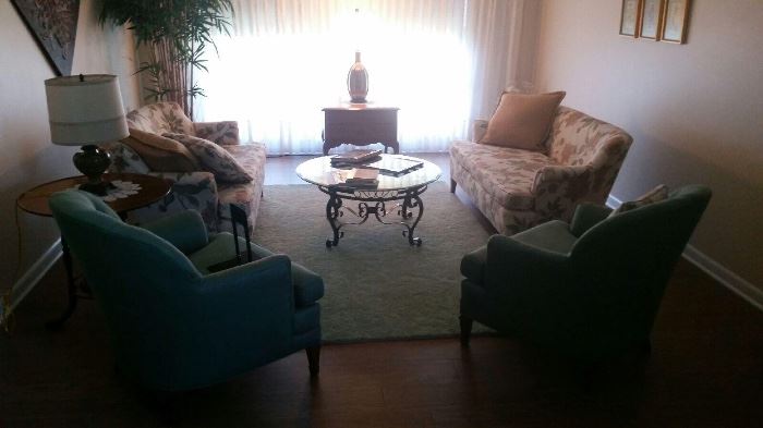 Ethan Allen living room set includes 2 love seats, 2 chairs and 2 tables. Additional pieces also for sale.