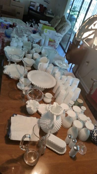 Large collection of Fenton glassware, including hobnail pattern and others.