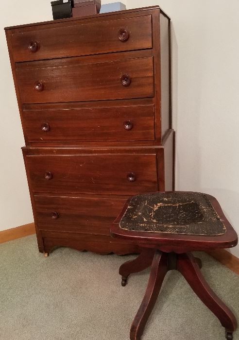 Vintage Chest of  Drawers and Antique piano stool