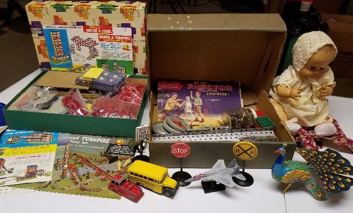 Vintage Toys, erector set, Ginny Doll and grinder and panel construction set 