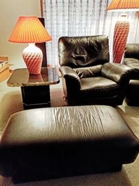 Leather Lazyboy and faux leather ottoman, end table and lamps