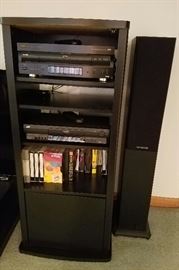 O'Sullivan stereo cabinet w/ Pioneer and JVC components. VHS tapes