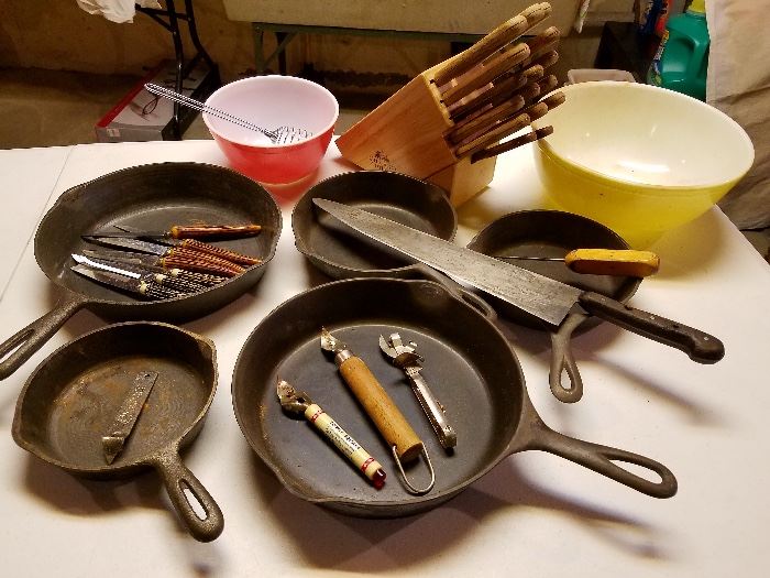 Old cast iron pans and old kitchen items 