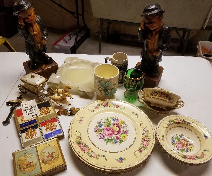 Playing cards, antique dishware etc