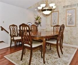 Lovely Dining Room Set with Six Chairs, Two Leaves and Pads, Gorgeous Area Rug, Serving Buffet & More