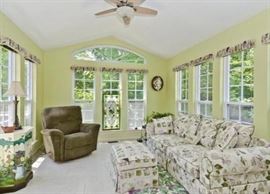 Novelty Print Couch with Matching Ottoman, Green Rocking Arm Chair, Vintage Clock & More