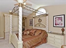 Queen Size Four Poster White Wash Pillar Canopy Bed with Matching Armoire, Nightstand, & Dresser with Mirror