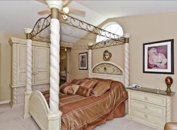 Queen Size Four Poster White Wash Pillar Canopy Bed with Matching Armoire, Nightstand, & Dresser with Mirror
