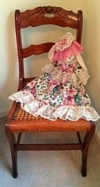 Vintage Sewing Carved Back Chair (Cane Seat), Stuffed Rabbit