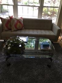 area rug / Dania upholstered couch/ beautiful glass coffee table