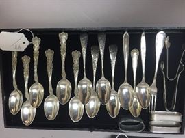 sterling spoons and fork, ice tongs