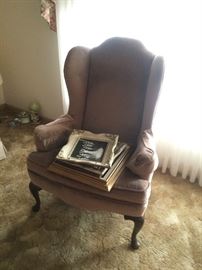 PAIR OF VELOUR WING BACK CHAIRS W/ MATCHING FOOT REST