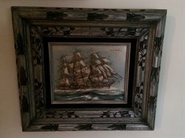 SIGNED VINTAGE MASTED SHIP ON THE SEAS OIL PAINTING
