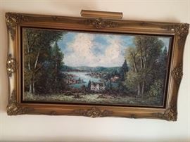 GRAND SCENIC SIGNED OIL PAINTING W/ OVERHEAD LIGHT