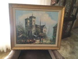 SCENIC EUROPEAN CHURCH OIL PAINTING. 