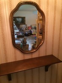 VINTAGE GOLD LEAF MIRROR AND HANGING HARDWOOD SHELF