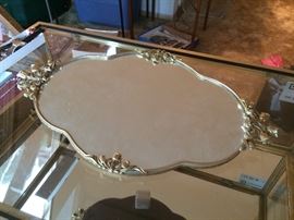 GOLD TONE SCROLL AND MIRRORED PLATTER