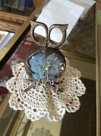 ANTIQUE SEWING PINCUSHION W/SCISSORS IN OWL SHAPE