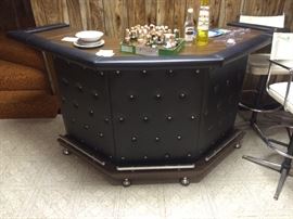FABULOUS 1960'S BLACK NAUGAHYDE BLACK TUFFTED BAR WITH FOOT BAR  