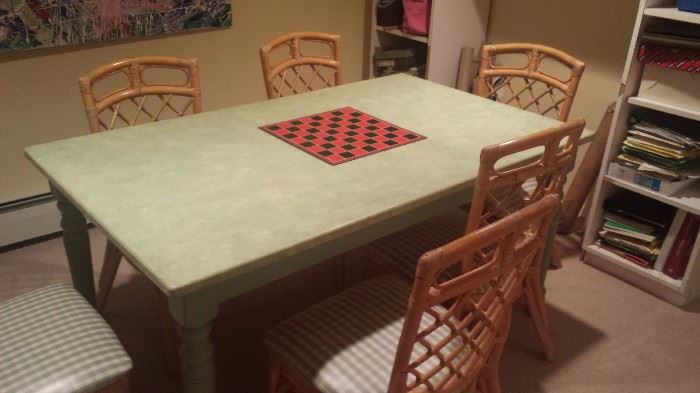 Handpainted farmhouse table with apple green finish. Seats 6. 