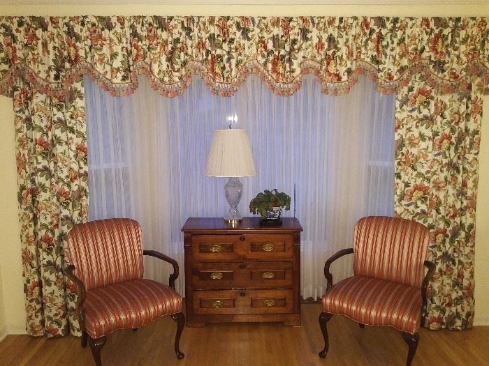 Country Curtains panels, header for sale. Two sets of windows. In current catalog. Antique chest from upstate South Carolina, lamp for sale.  