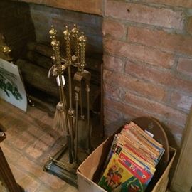 Fireplace tools; vintage comic books