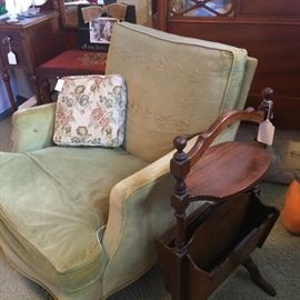 Comfortable chair; small table/magazine rack