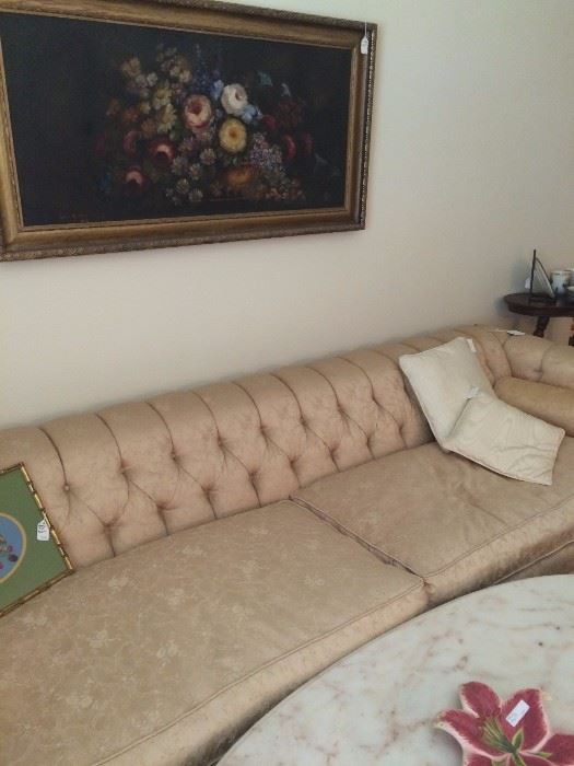 Vintage extra long sofa; marble top oval coffee table