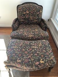 H1 "Enchanted Forest" chair & ottoman, burnished wood trim