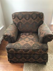 M. Harden arm chair & ottoman, Chenille, dark colors - green, gold, red, flecks of blue 