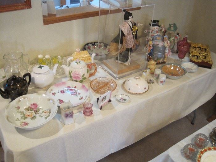 New and vintage china and glassware. Teapots. Japanese doll in case.