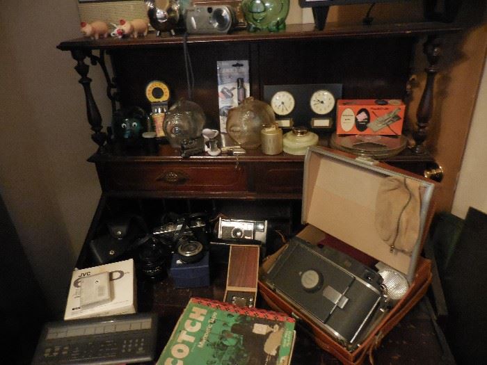 Vintage Hand Carved Mahogany Drop Down desk.FILLED..Vintage Camera's, Reel to Reel, Clocks, Novelties.