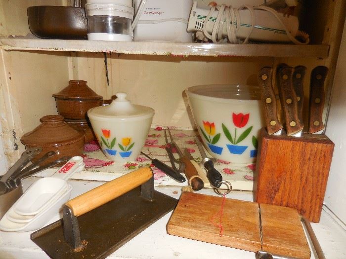 Vintage Fire King Tulip Mixing Bowls, Grease Jar.Cutlery, Vintage Kitchen
