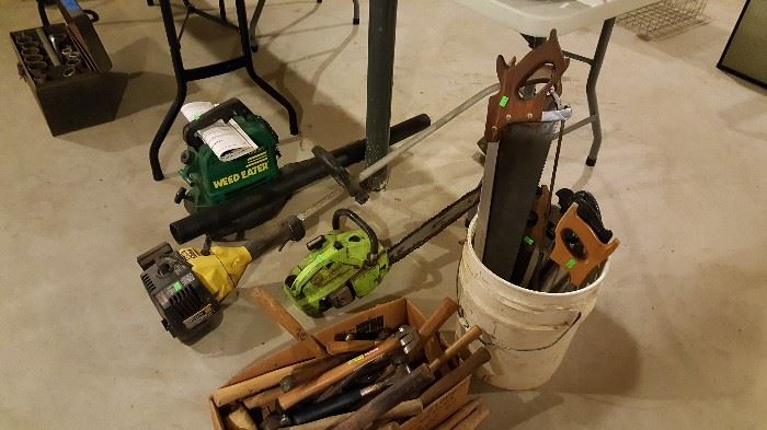 Weed eater, blower, chainsaw, hammers, hand saws