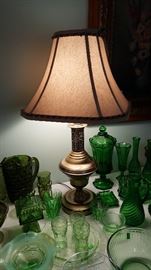 Lamp, green coin glass, Vaseline glass